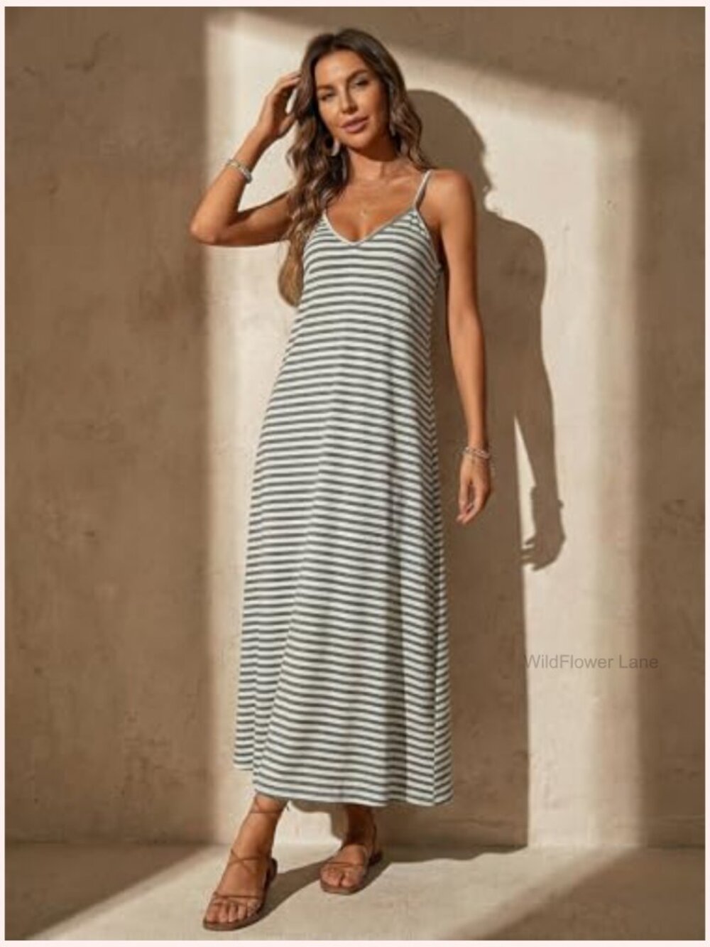 Striped Maxi Dress Deep V Neck Spaghetti Strap Sleeveless Casual View 5